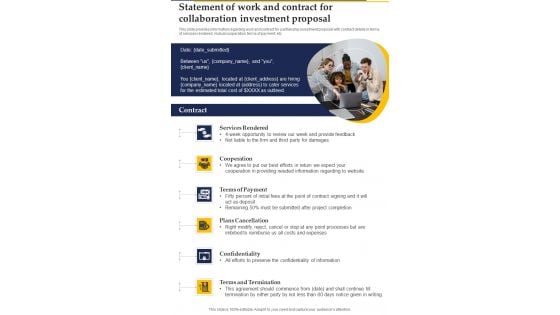 Statement Of Work And Contract For Collaboration Investment Proposal One Pager Sample Example Document