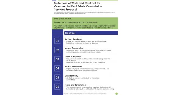 Statement Of Work And Contract For Commercial Real Estate Commission Services One Pager Sample Example Document