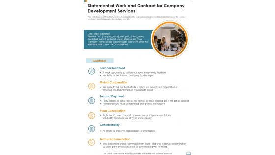 Statement Of Work And Contract For Company Development Services One Pager Sample Example Document