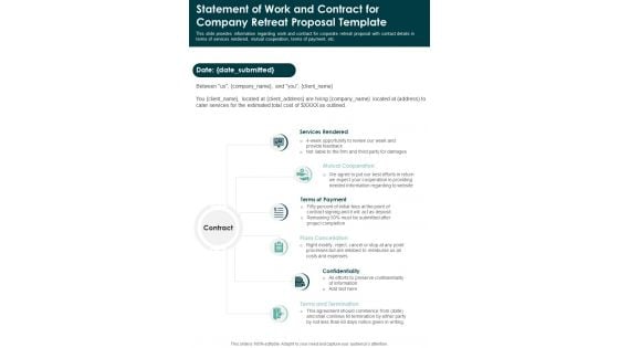 Statement Of Work And Contract For Company Retreat Template One Pager Sample Example Document