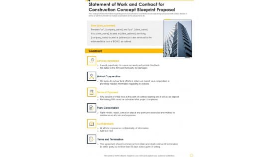 Statement Of Work And Contract For Construction Concept Blueprint Proposal One Pager Sample Example Document