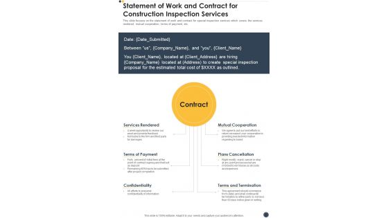 Statement Of Work And Contract For Construction Inspection Services One Pager Sample Example Document