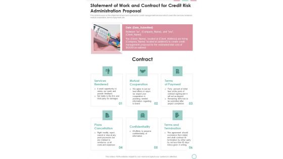 Statement Of Work And Contract For Credit Risk Administration Proposal One Pager Sample Example Document