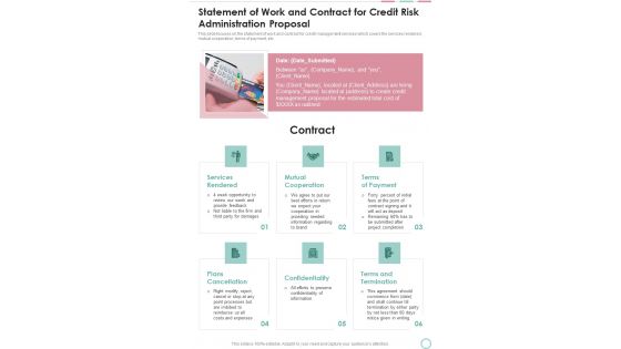 Statement Of Work And Contract For Credit Risk Administration Proposal One Pager Sample Example Document Statement Of Work And Contract For Credit Risk Administration Proposal One Pager Sample Example Document