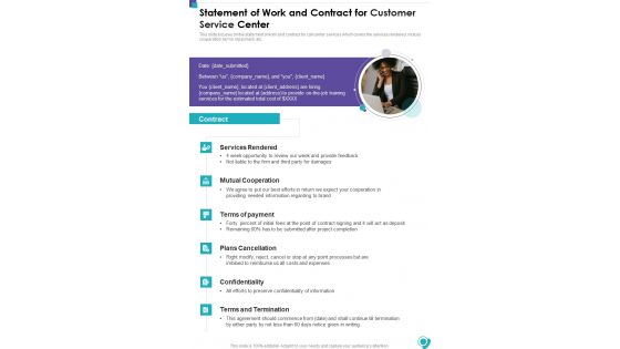 Statement Of Work And Contract For Customer Service Center One Pager Sample Example Document