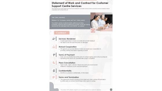 Statement Of Work And Contract For Customer Support Centre Services One Pager Sample Example Document
