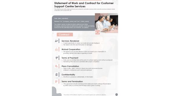 Statement Of Work And Contract For Customer Support Centre Services One Pager Sample Example Document Statement Of Work And Contract For Customer Support Centre Services One Pager Sample Example Document