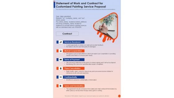 Statement Of Work And Contract For Customized Painting Service Proposal One Pager Sample Example Document