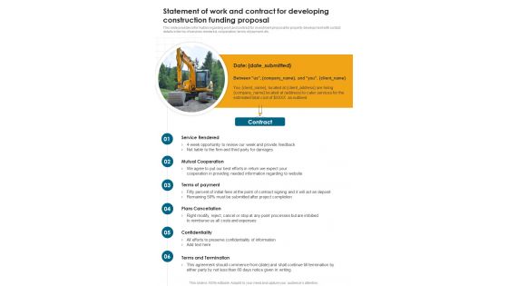 Statement Of Work And Contract For Developing Construction Funding Proposal One Pager Sample Example Document Statement Of Work And Contract For Developing Construction Funding Proposal One Pager Sample Example Document