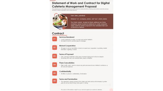 Statement Of Work And Contract For Digital Cafeteria Management Proposal One Pager Sample Example Document