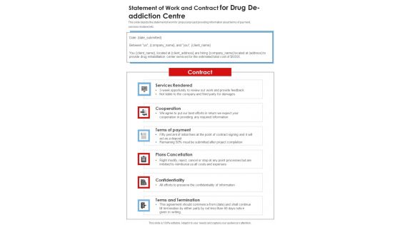 Statement Of Work And Contract For Drug De Addiction Centre One Pager Sample Example Document