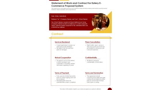 Statement Of Work And Contract For Eatery E Commerce Proposal System One Pager Sample Example Document Statement Of Work And Contract For Eatery E Commerce Proposal System One Pager Sample Example Document