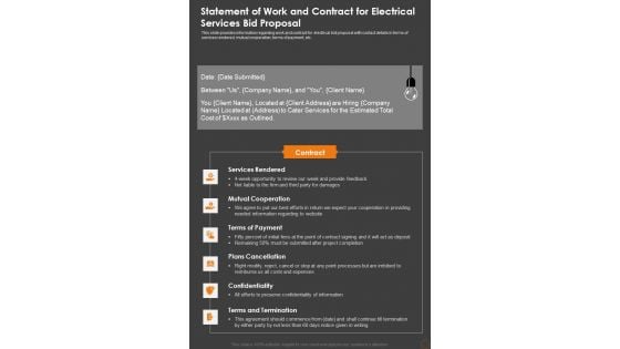 Statement Of Work And Contract For Electrical Services Bid Proposal One Pager Sample Example Document