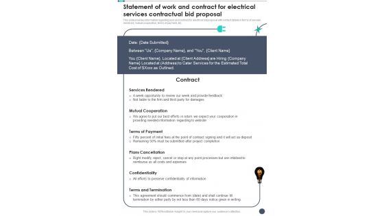 Statement Of Work And Contract For Electrical Services Contractual Bid One Pager Sample Example Document