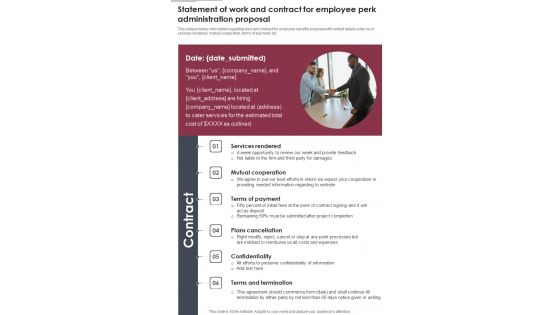 Statement Of Work And Contract For Employee Perk Administration Proposal One Pager Sample Example Document Statement Of Work And Contract For Employee Perk Administration Proposal One Pager Sample Example Document