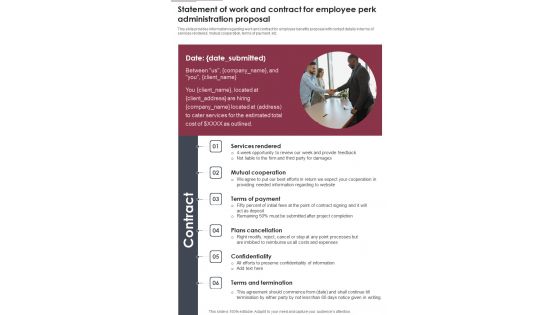 Statement Of Work And Contract For Employee Perk Administration Proposal One Pager Sample Example Document