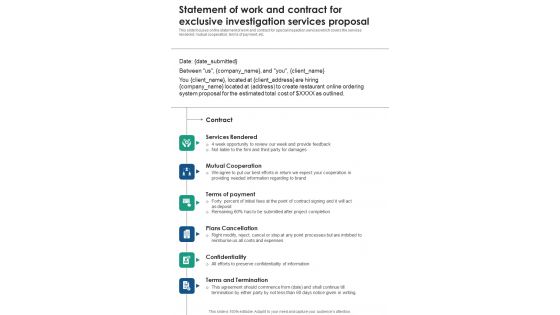 Statement Of Work And Contract For Exclusive Investigation Services Proposal One Pager Sample Example Document Statement Of Work And Contract For Exclusive Investigation Services Proposal One Pager Sample Example Document