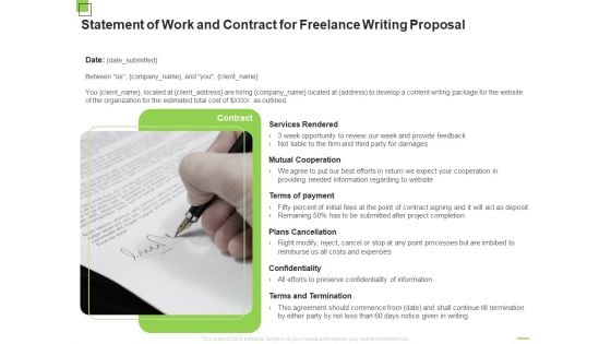 Statement Of Work And Contract For Freelance Writing Proposal Ppt Outline Ideas PDF