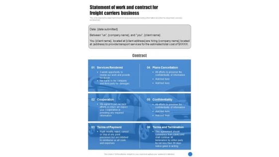 Statement Of Work And Contract For Freight Carriers Business One Pager Sample Example Document Statement Of Work And Contract For Freight Carriers Business One Pager Sample Example Document
