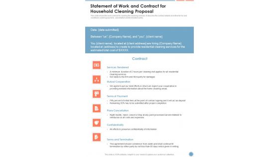 Statement Of Work And Contract For Household Cleaning Proposal One Pager Sample Example Document Statement Of Work And Contract For Household Cleaning Proposal One Pager Sample Example Document