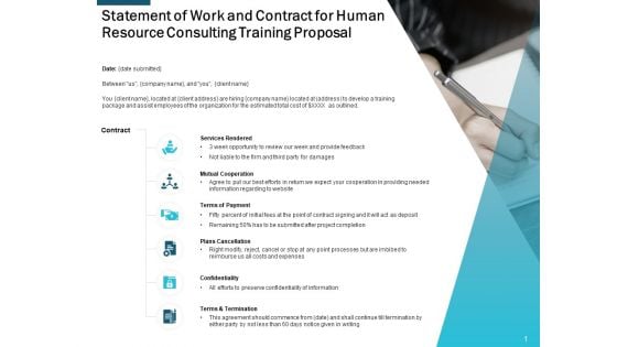 Statement Of Work And Contract For Human Resource Consulting Training Proposal Ppt Powerpoint Presentation Infographic Template Objects Statement Of Work And Contract For Human Resource Consulting Training Proposal Ppt Powerpoint Presentation Infographic Template Objects