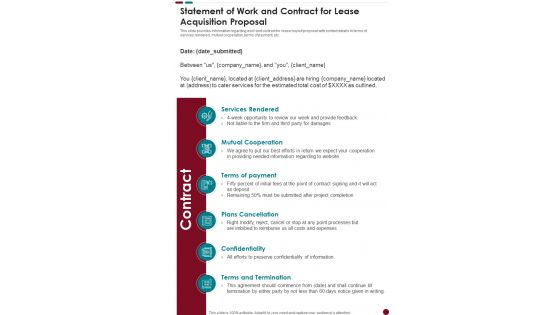 Statement Of Work And Contract For Lease Acquisition Proposal One Pager Sample Example Document