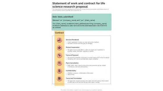 Statement Of Work And Contract For Life Science Research Proposal One Pager Sample Example Document