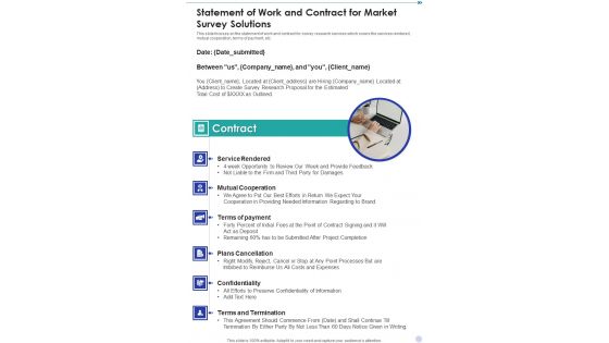 Statement Of Work And Contract For Market Survey Solutions One Pager Sample Example Document