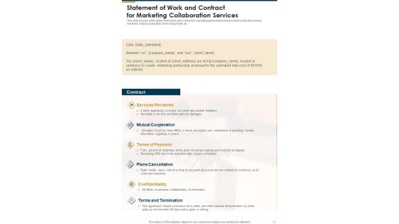 Statement Of Work And Contract For Marketing Collaboration Services One Pager Sample Example Document