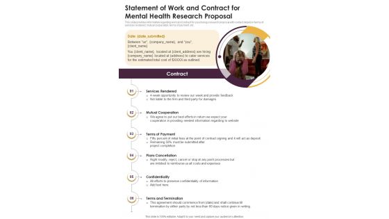 Statement Of Work And Contract For Mental Health Research Proposal One Pager Sample Example Document