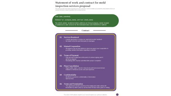 Statement Of Work And Contract For Mold Inspection Services Proposal One Pager Sample Example Document