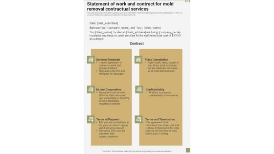 Statement Of Work And Contract For Mold Removal Contractual Services One Pager Sample Example Document Statement Of Work And Contract For Mold Removal Contractual Services One Pager Sample Example Document