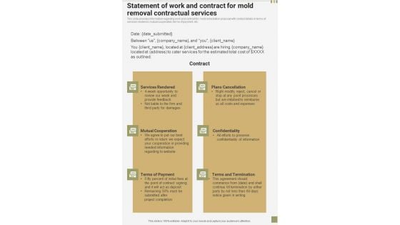 Statement Of Work And Contract For Mold Removal Contractual Services One Pager Sample Example Document