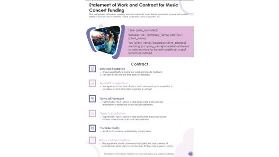 Statement Of Work And Contract For Music Concert Funding One Pager Sample Example Document