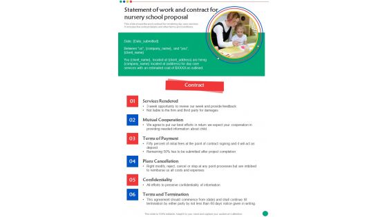 Statement Of Work And Contract For Nursery School Proposal One Pager Sample Example Document