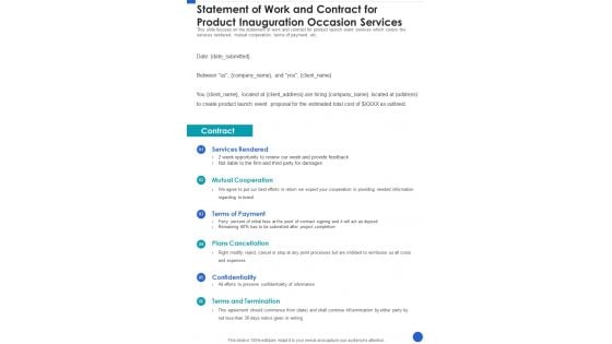 Statement Of Work And Contract For Product Inauguration Occasion Services One Pager Sample Example Document