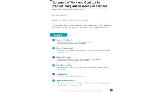 Statement Of Work And Contract For Product Inauguration Occasion Services One Pager Sample Example Document Statement Of Work And Contract For Product Inauguration Occasion Services One Pager Sample Example Document