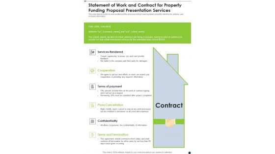 Statement Of Work And Contract For Property Funding Proposal Presentation Services One Pager Sample Example Document Statement Of Work And Contract For Property Funding Proposal Presentation Services One Pager Sample Example Document