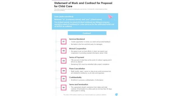 Statement Of Work And Contract For Proposal For Child Care One Pager Sample Example Document