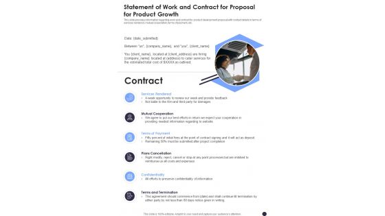 Statement Of Work And Contract For Proposal For Product Growth One Pager Sample Example Document