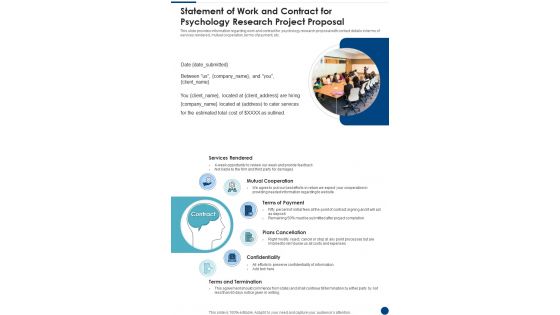 Statement Of Work And Contract For Psychology Research Project Proposal One Pager Sample Example Document