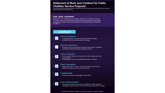 Statement Of Work And Contract For Public Christian Service Proposal One Pager Sample Example Document Statement Of Work And Contract For Public Christian Service Proposal One Pager Sample Example Document