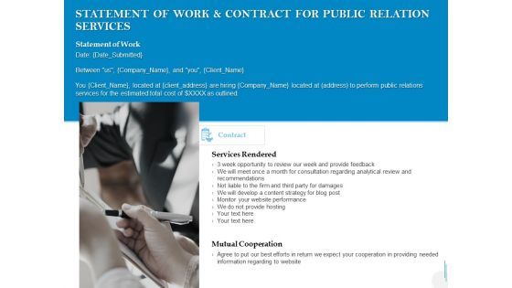 Statement Of Work And Contract For Public Relation Services Ppt PowerPoint Presentation Infographic Template Ideas