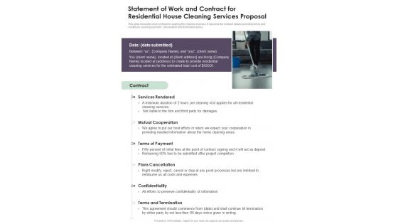 Statement Of Work And Contract For Residential House Cleaning Services One Pager Sample Example Document