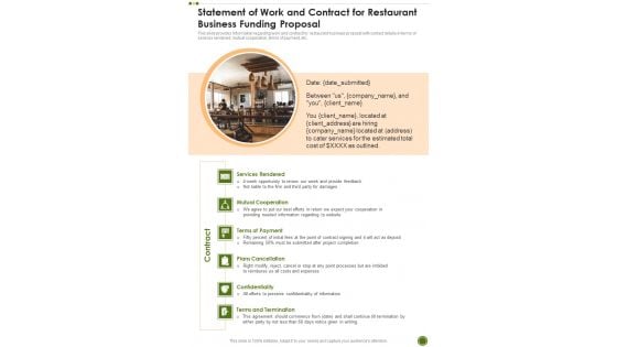 Statement Of Work And Contract For Restaurant Business Funding Proposal One Pager Sample Example Document Statement Of Work And Contract For Restaurant Business Funding Proposal One Pager Sample Example Document