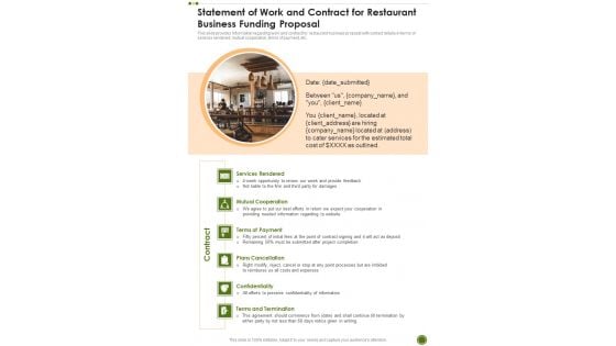 Statement Of Work And Contract For Restaurant Business Funding Proposal One Pager Sample Example Document