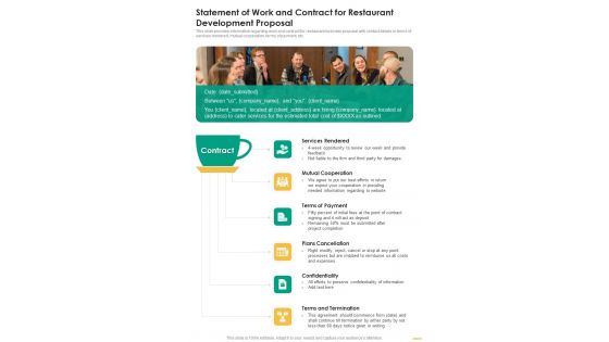 Statement Of Work And Contract For Restaurant Development Proposal One Pager Sample Example Document Statement Of Work And Contract For Restaurant Development Proposal One Pager Sample Example Document