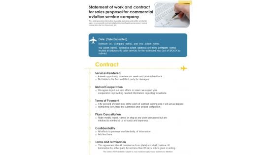 Statement Of Work And Contract For Sales For Commercial Aviation Service Company One Pager Sample Example Document