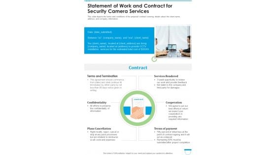 Statement Of Work And Contract For Security Camera Services One Pager Sample Example Document