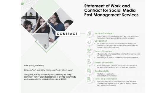 Statement Of Work And Contract For Social Media Post Management Services Ppt PowerPoint Presentation Summary Show PDF